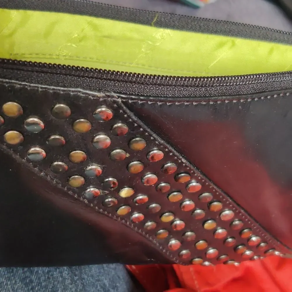 Sophia visconti Clutch Wristlet Studded Black Leather  Lime Green Lined Handbag
